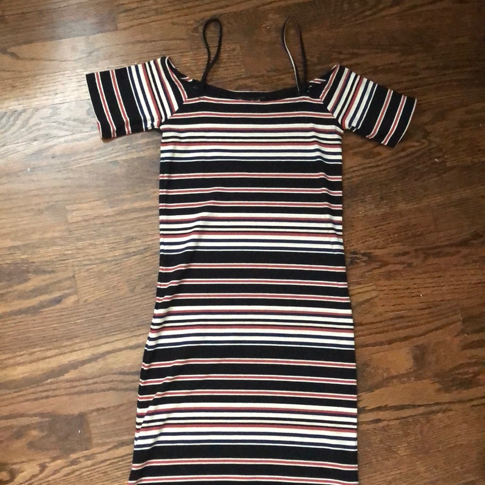 Off the shoulder red white and black dress